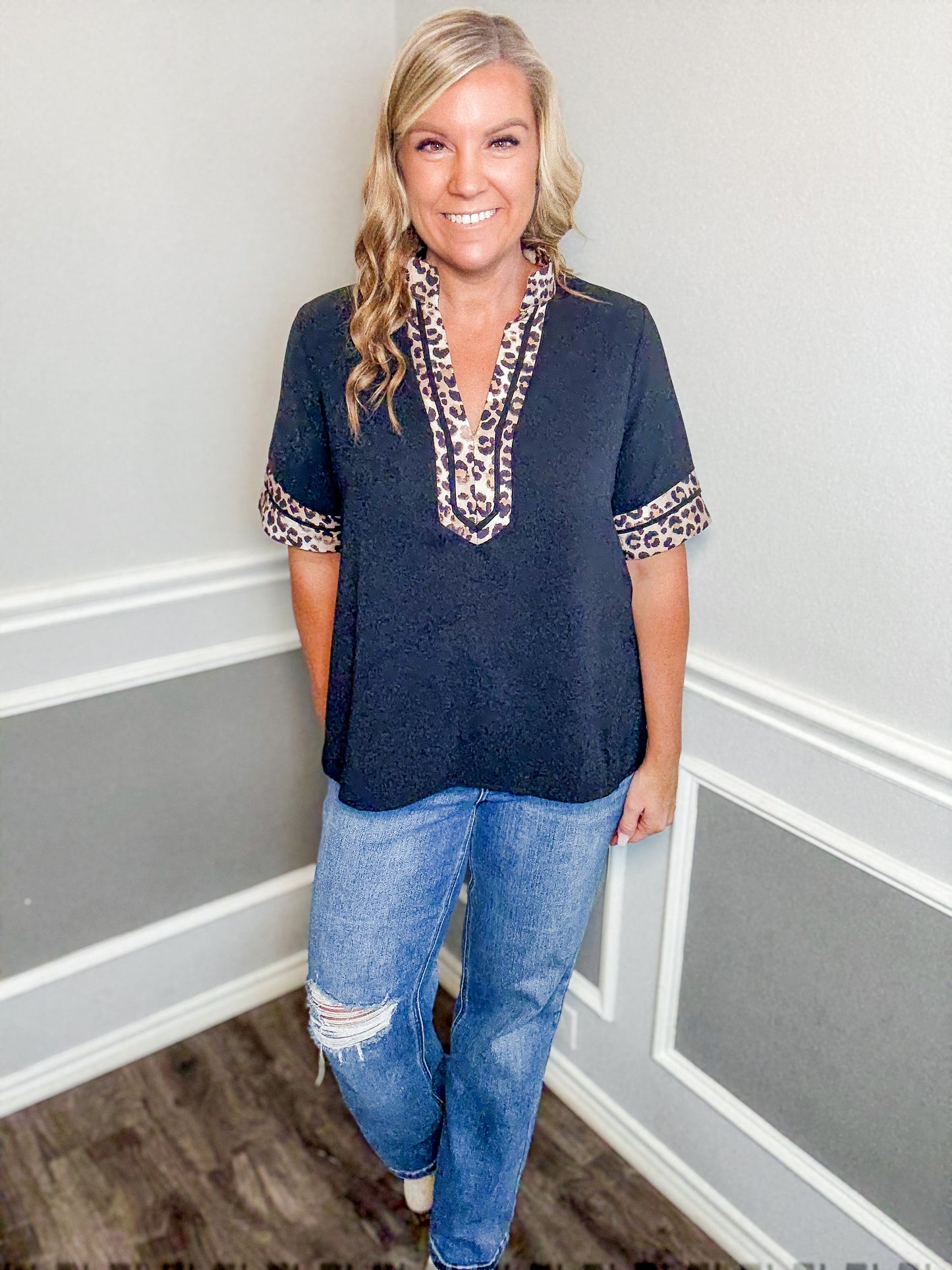 Leopard Trim V-Neck Top