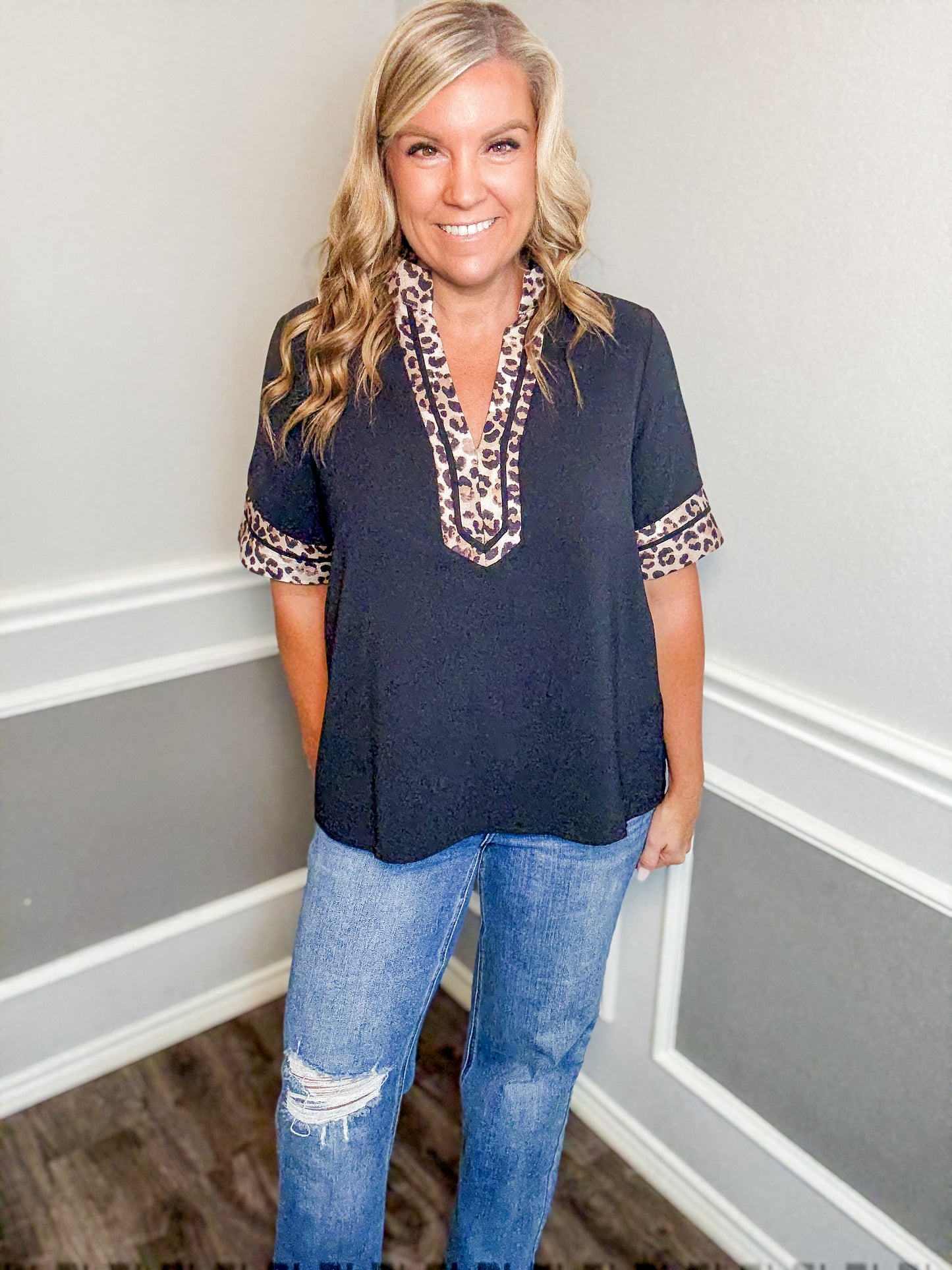 Leopard Trim V-Neck Top