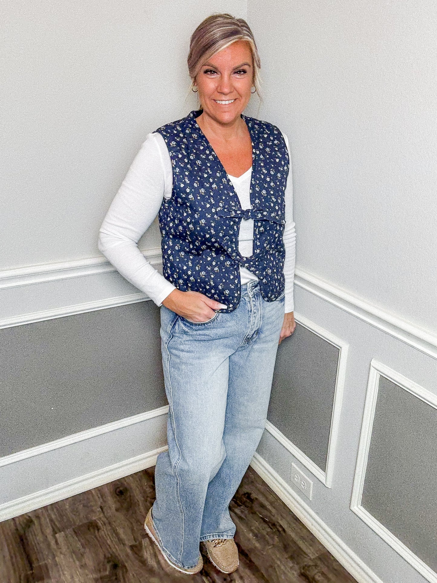 Floral Print Front Tie Quilted Vest