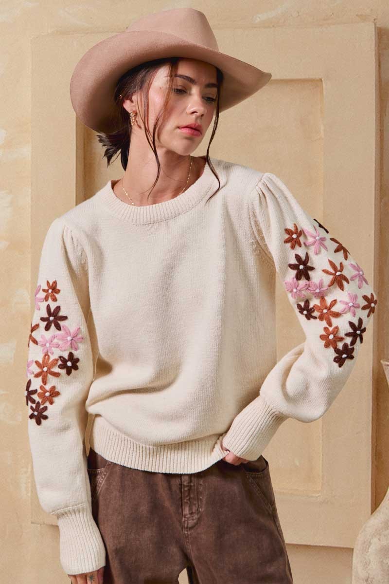 Floral Embroidered Sleeves Sweater Pullover Top