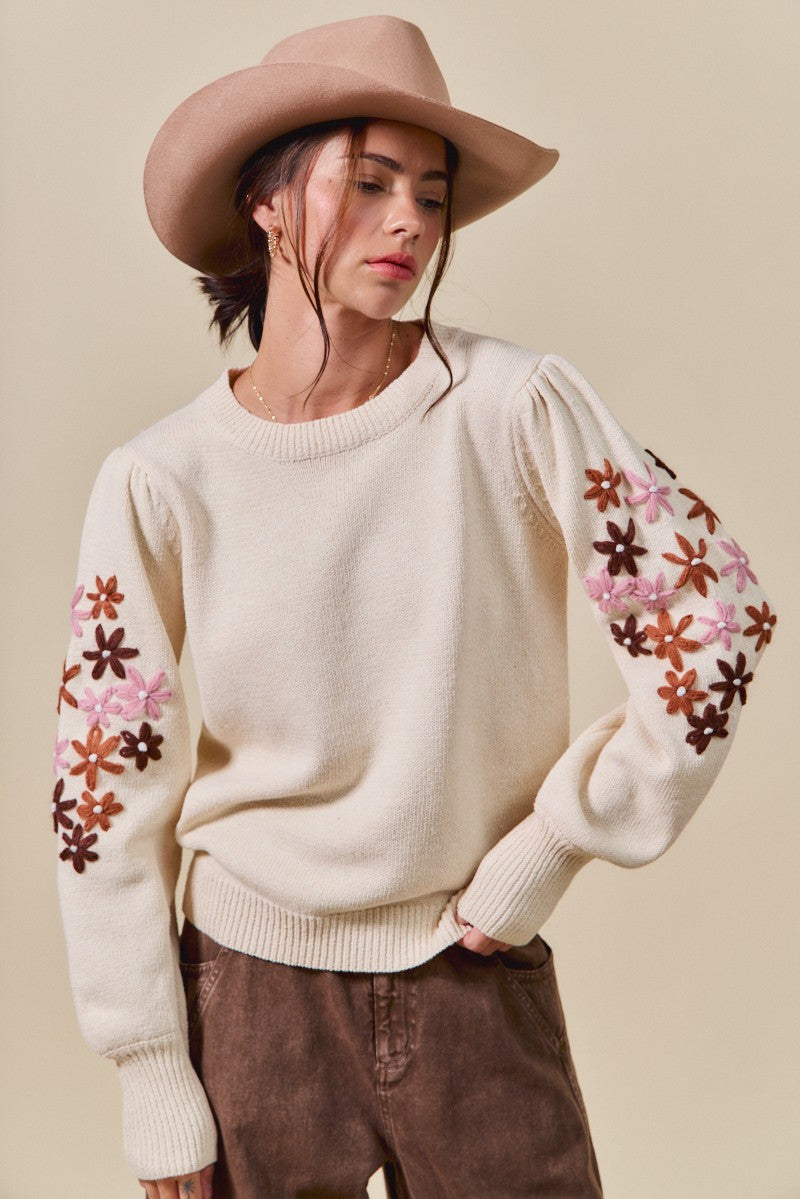 Floral Embroidered Sleeves Sweater Pullover Top