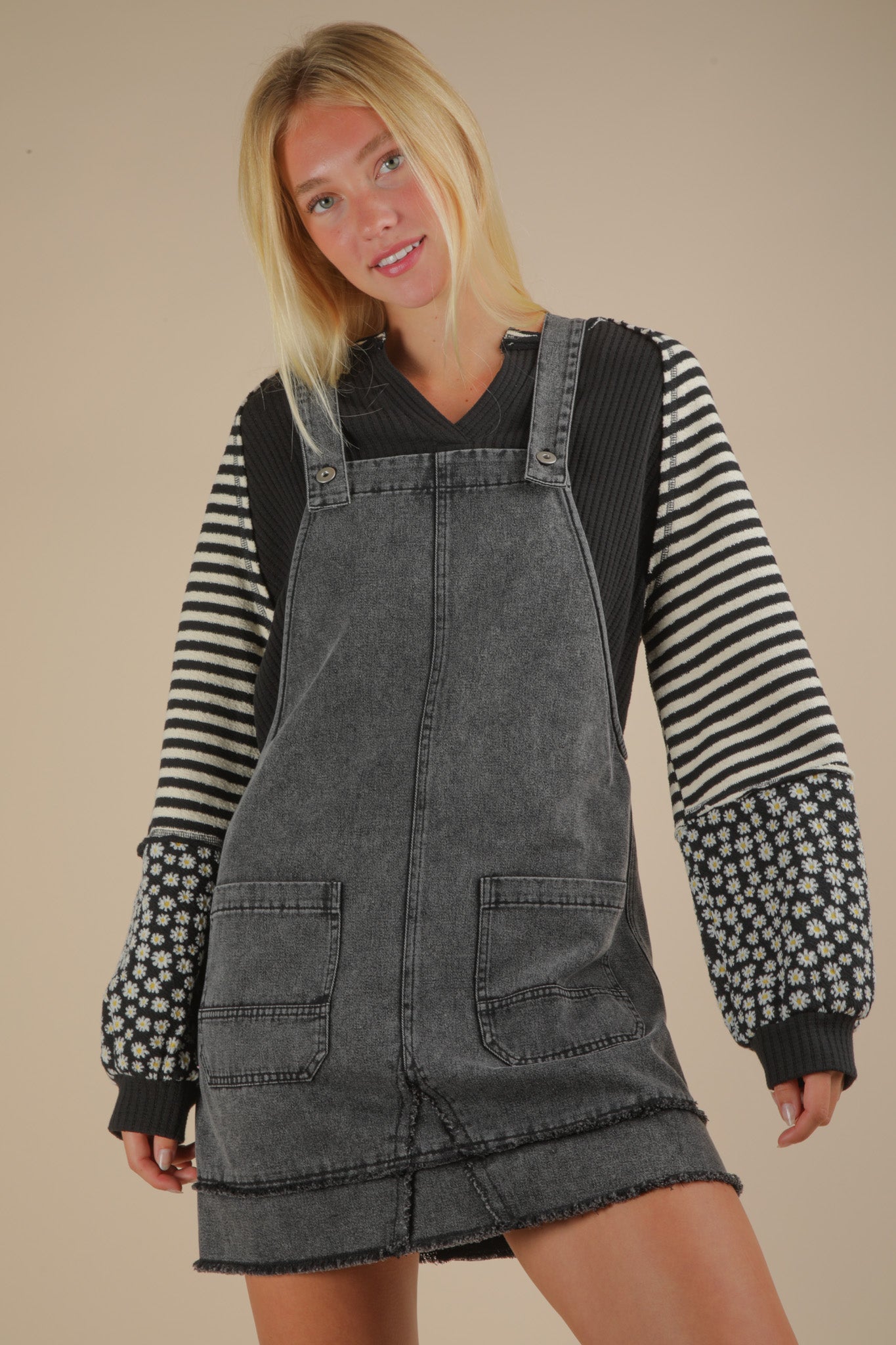 Washed Denim Overall Mini Dress