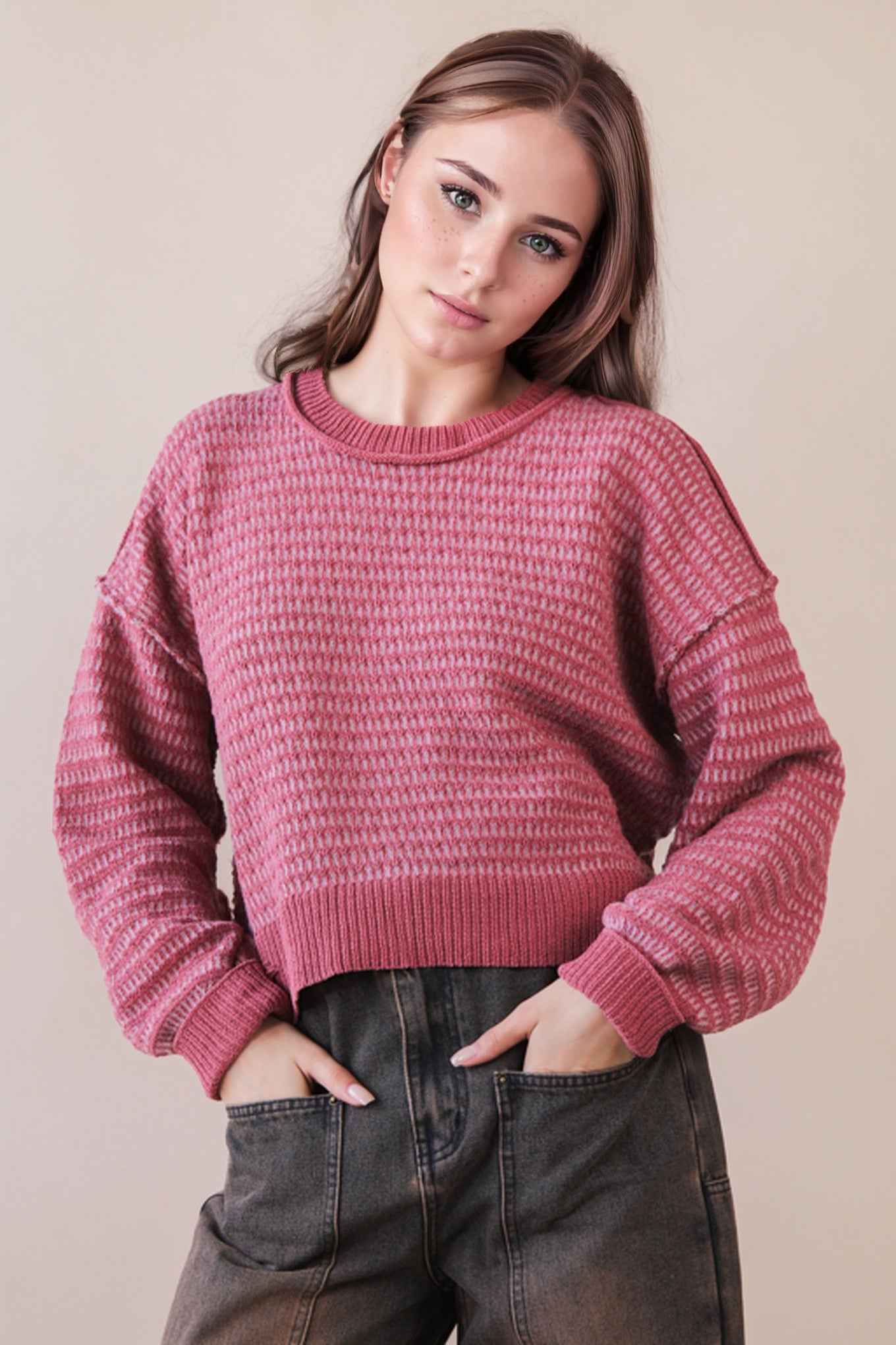 Two Tone Textured Knit Casual Sweater Top