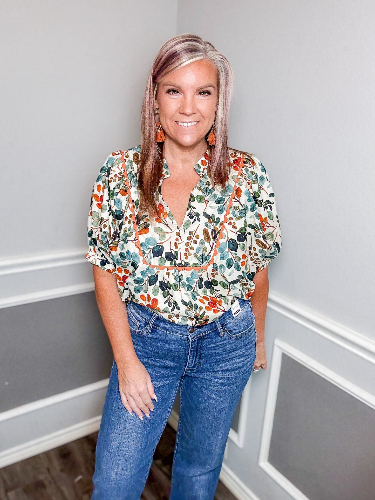 Botanical Print Scallop Trim Top