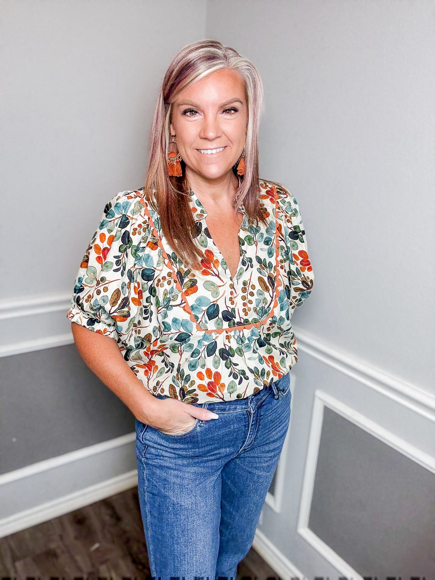 Botanical Print Scallop Trim Top