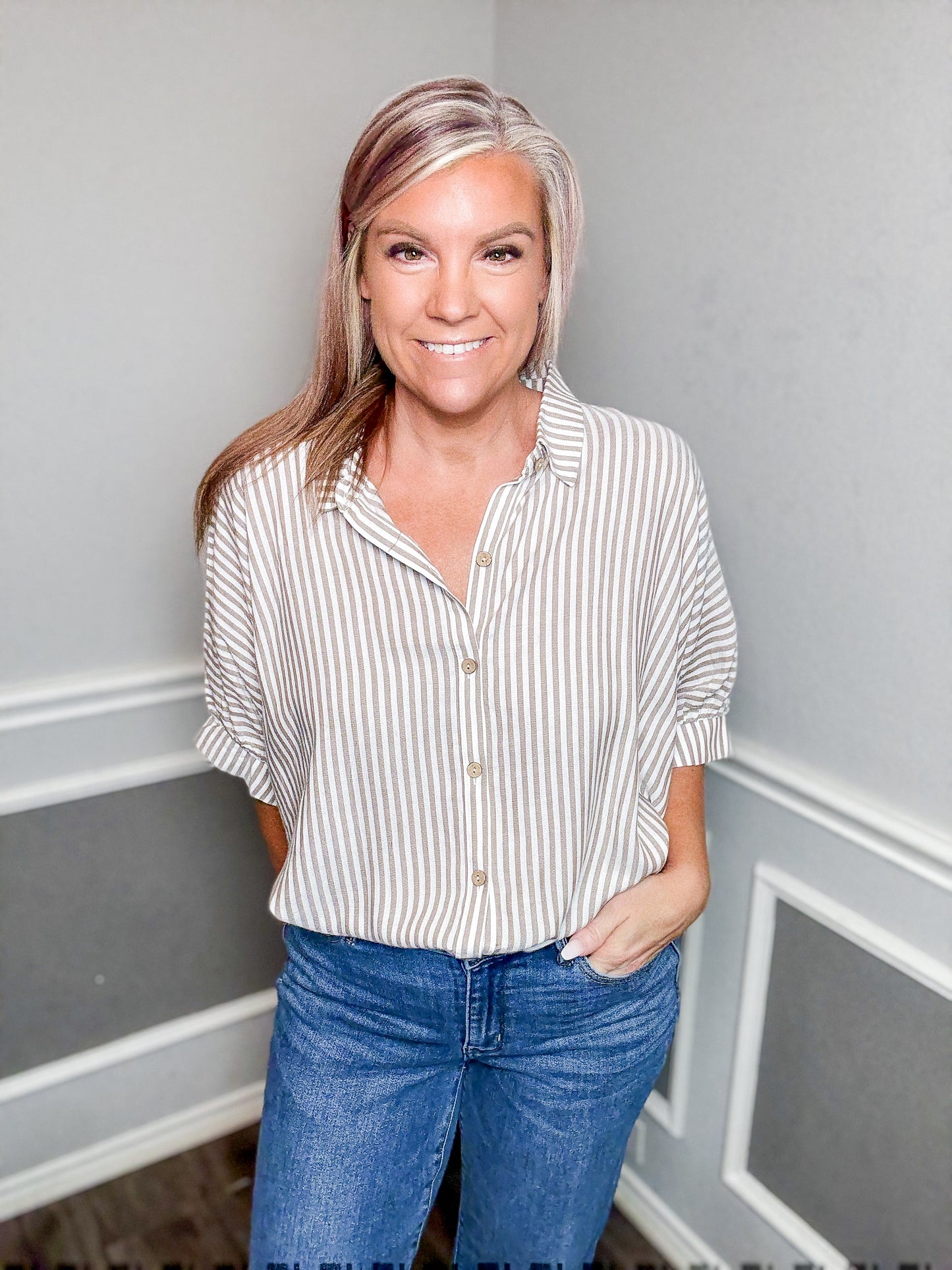 Oversized Striped Short Sleeve Button Up Shirt