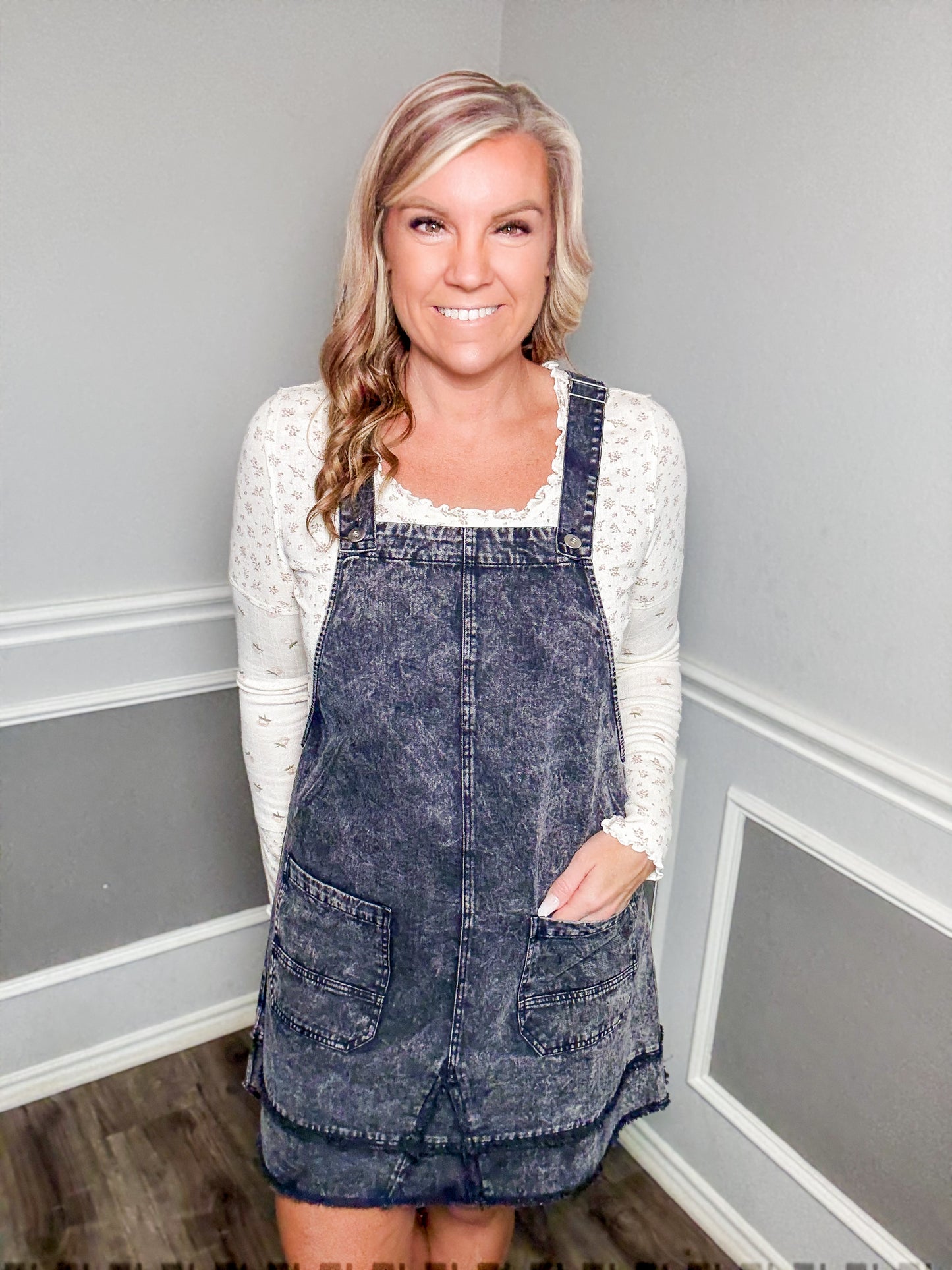 Washed Denim Overall Mini Dress