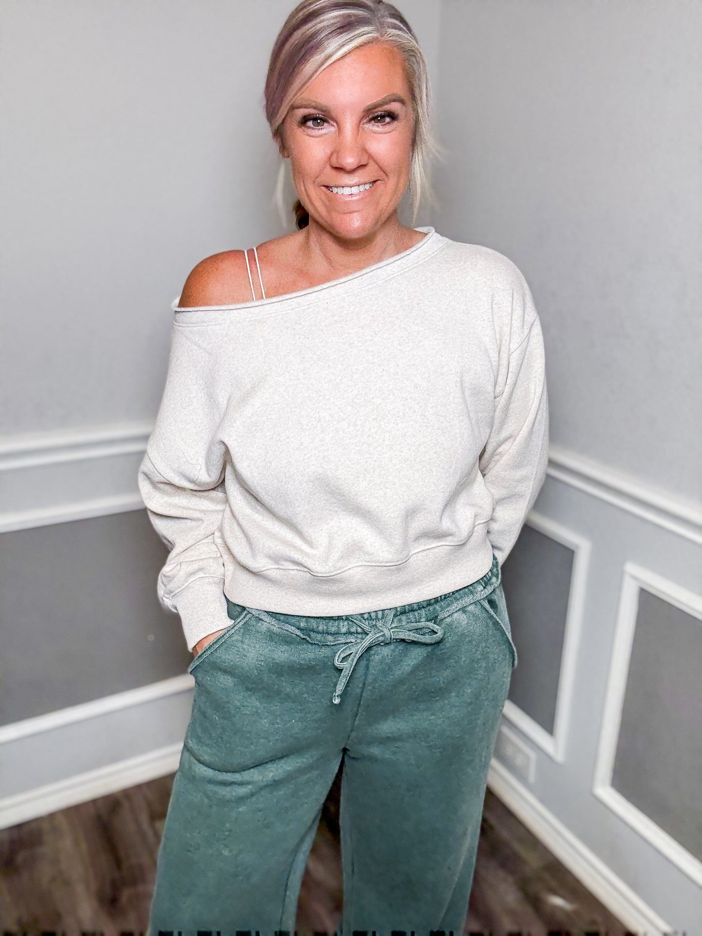 Acid Wash Fleece Palazzo Sweatpants |Dark green|