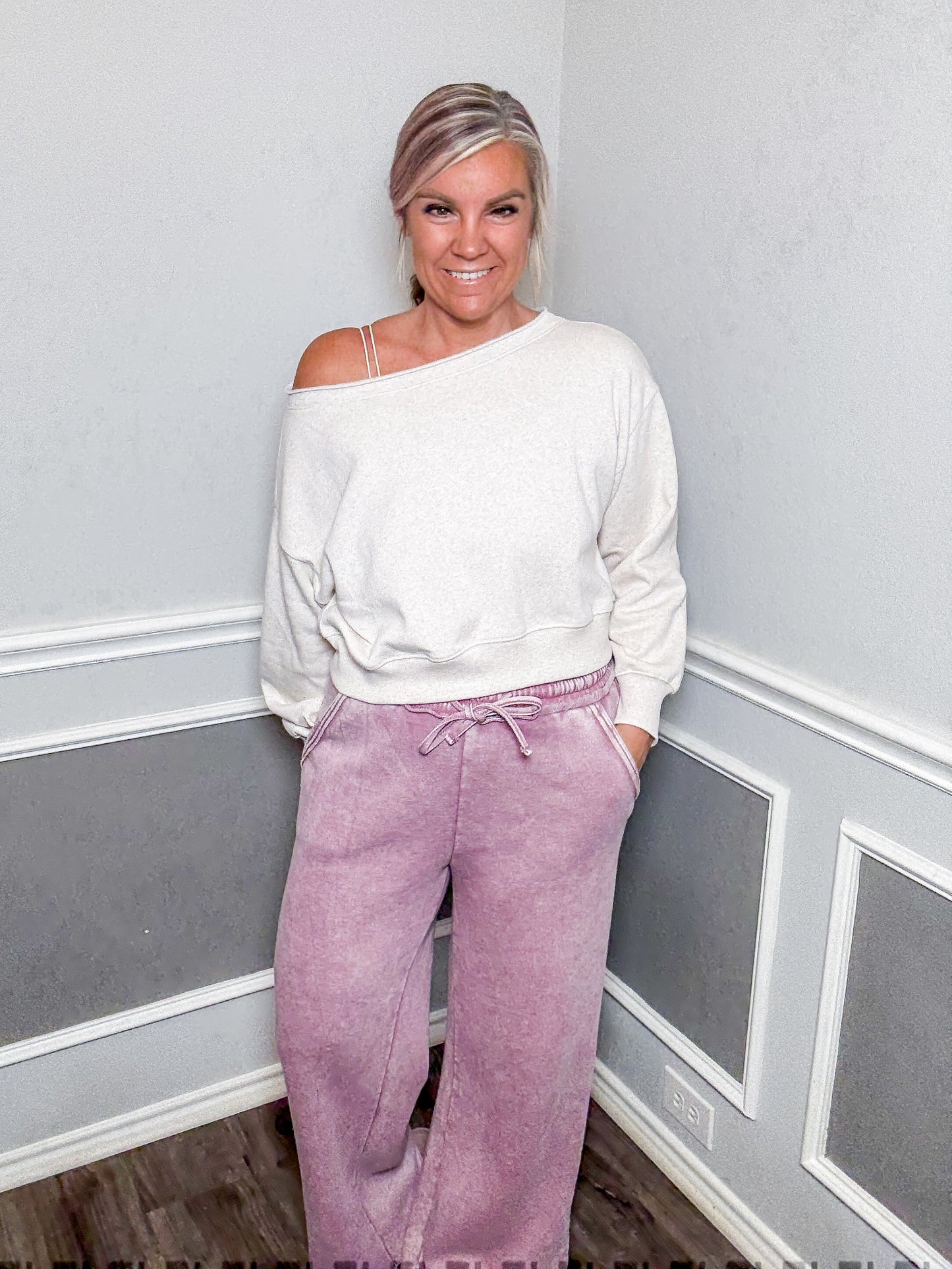 Acid Wash Fleece Palazzo Sweatpants |Light Rose|