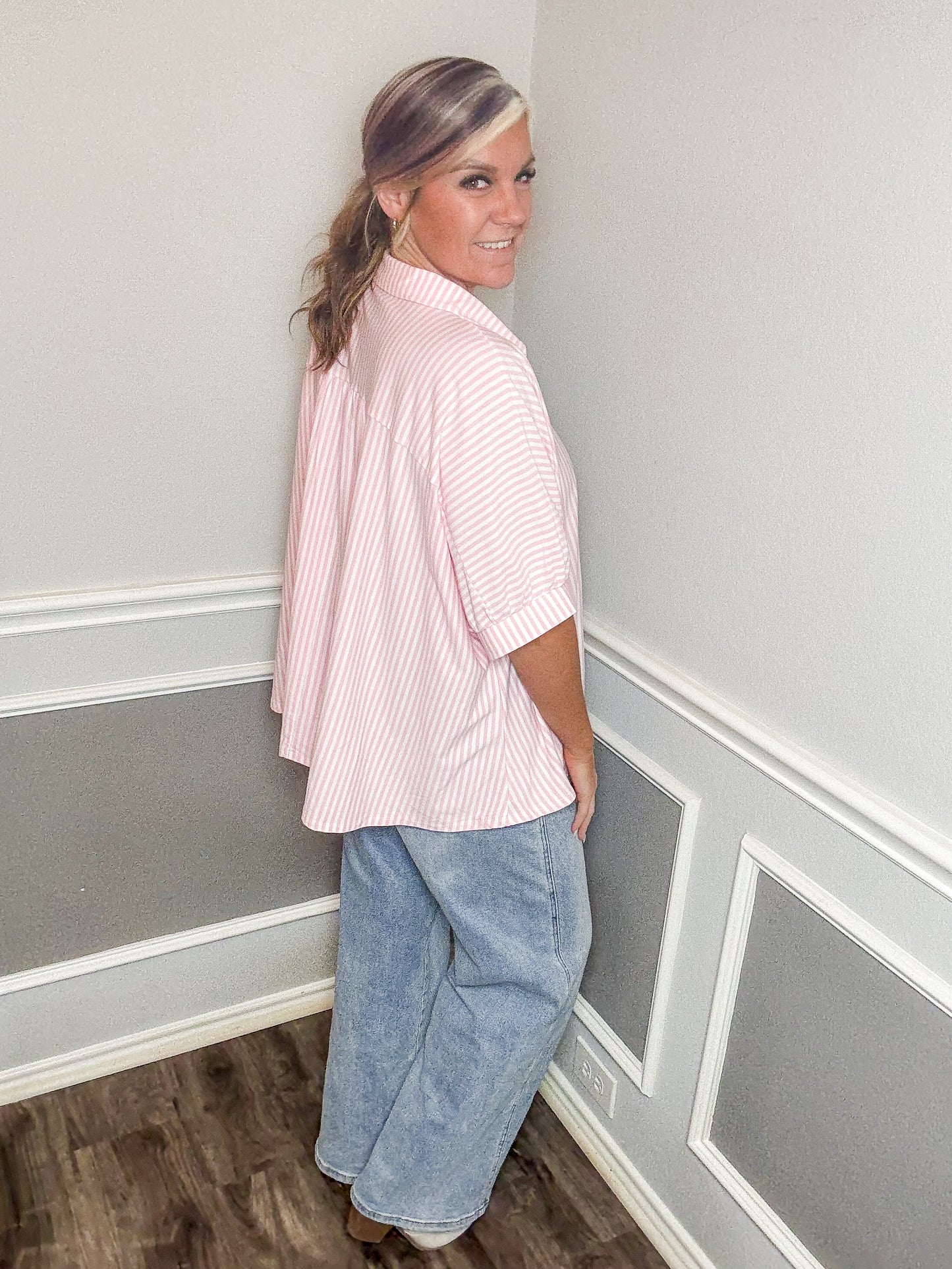 Oversized Striped Short Sleeve Button Up Shirt |PINK|