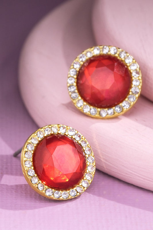 Round Rhinestone Stud Earrings |Burgundy|