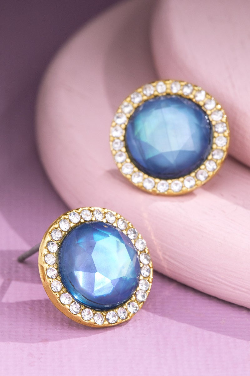 Round Rhinestone Stud Earrings |Blue|