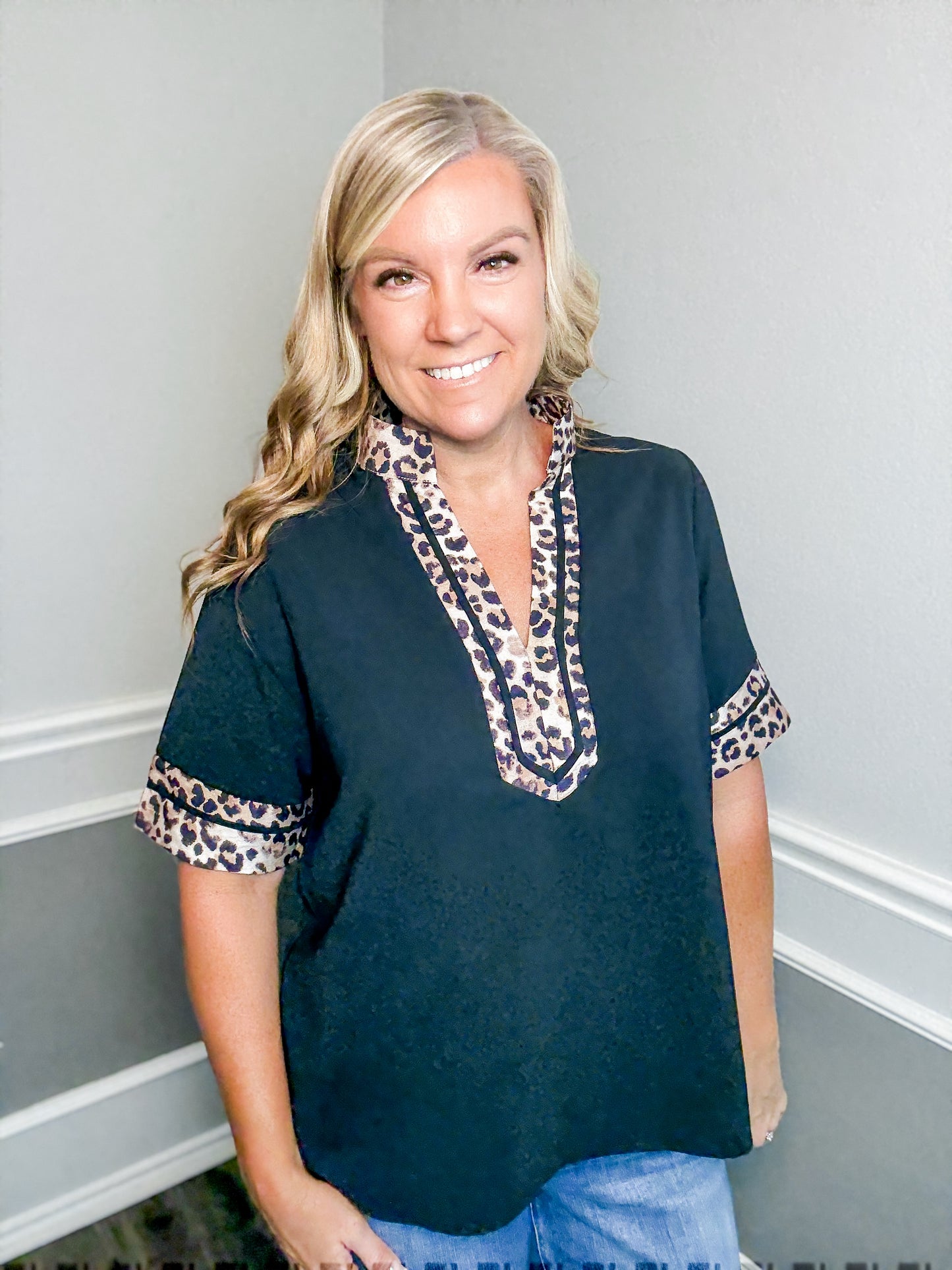 Leopard Trim V-Neck Top