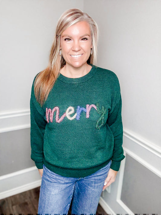 “MERRY” Tinsel Knit Christmas Sweater