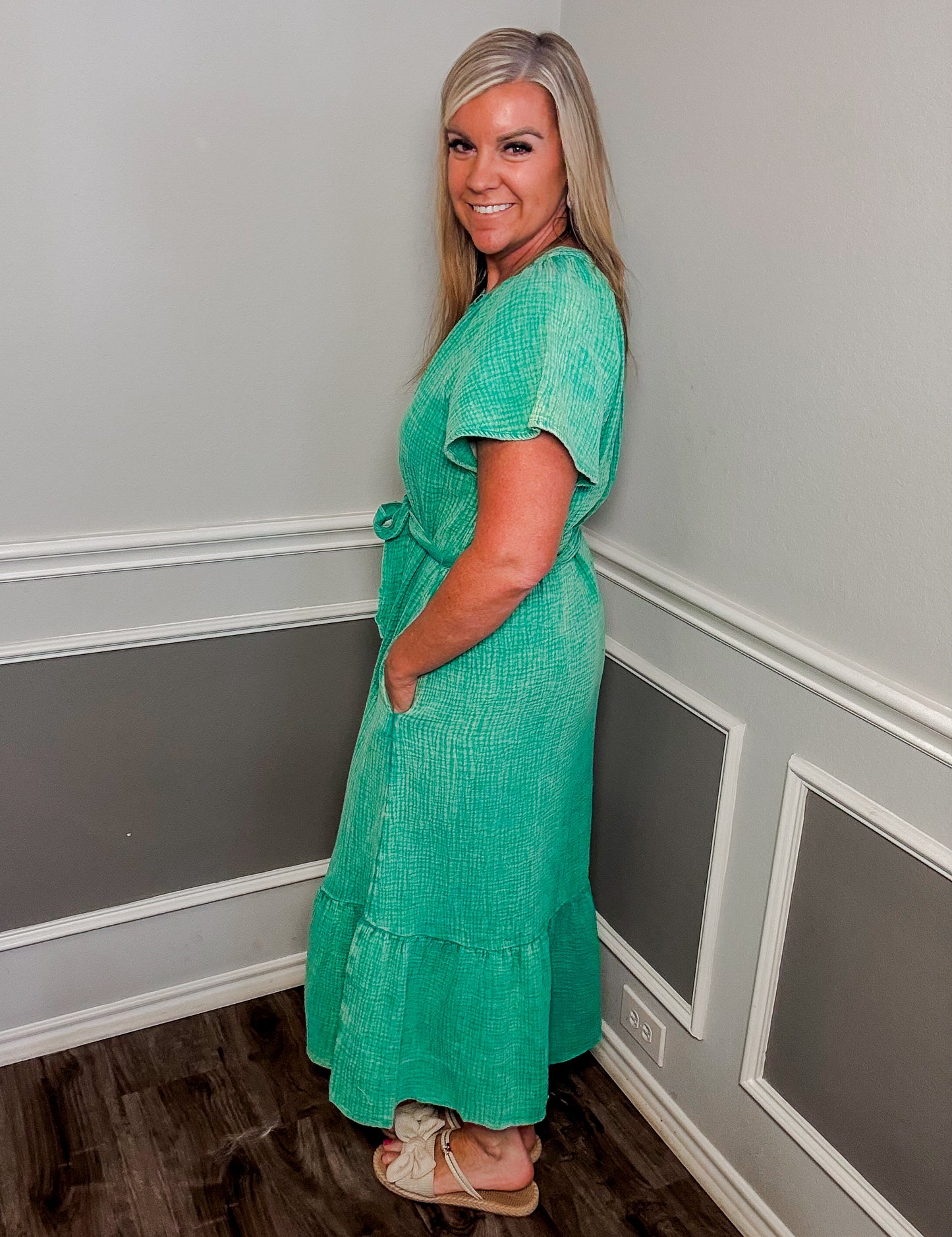 Mineral Wash Midi Dress |GREEN|