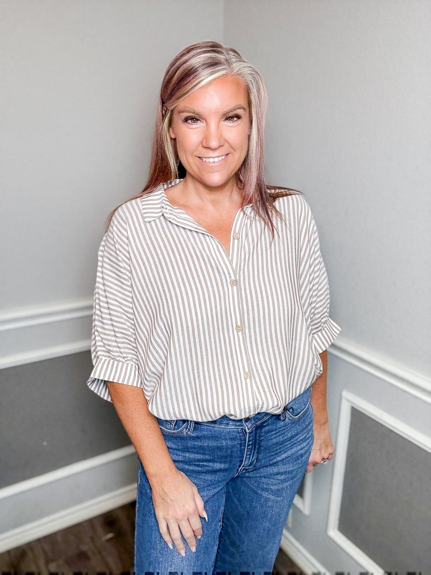 Oversized Striped Short Sleeve Button Up Shirt