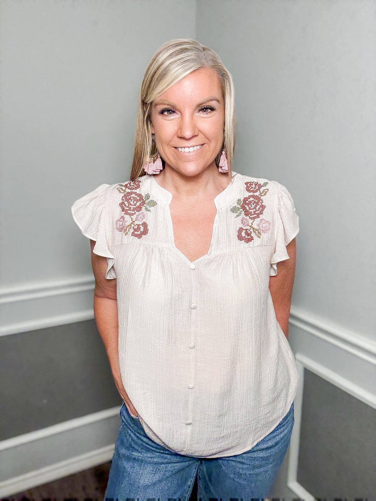 Floral Embroidered Ruffle Sleeve Top