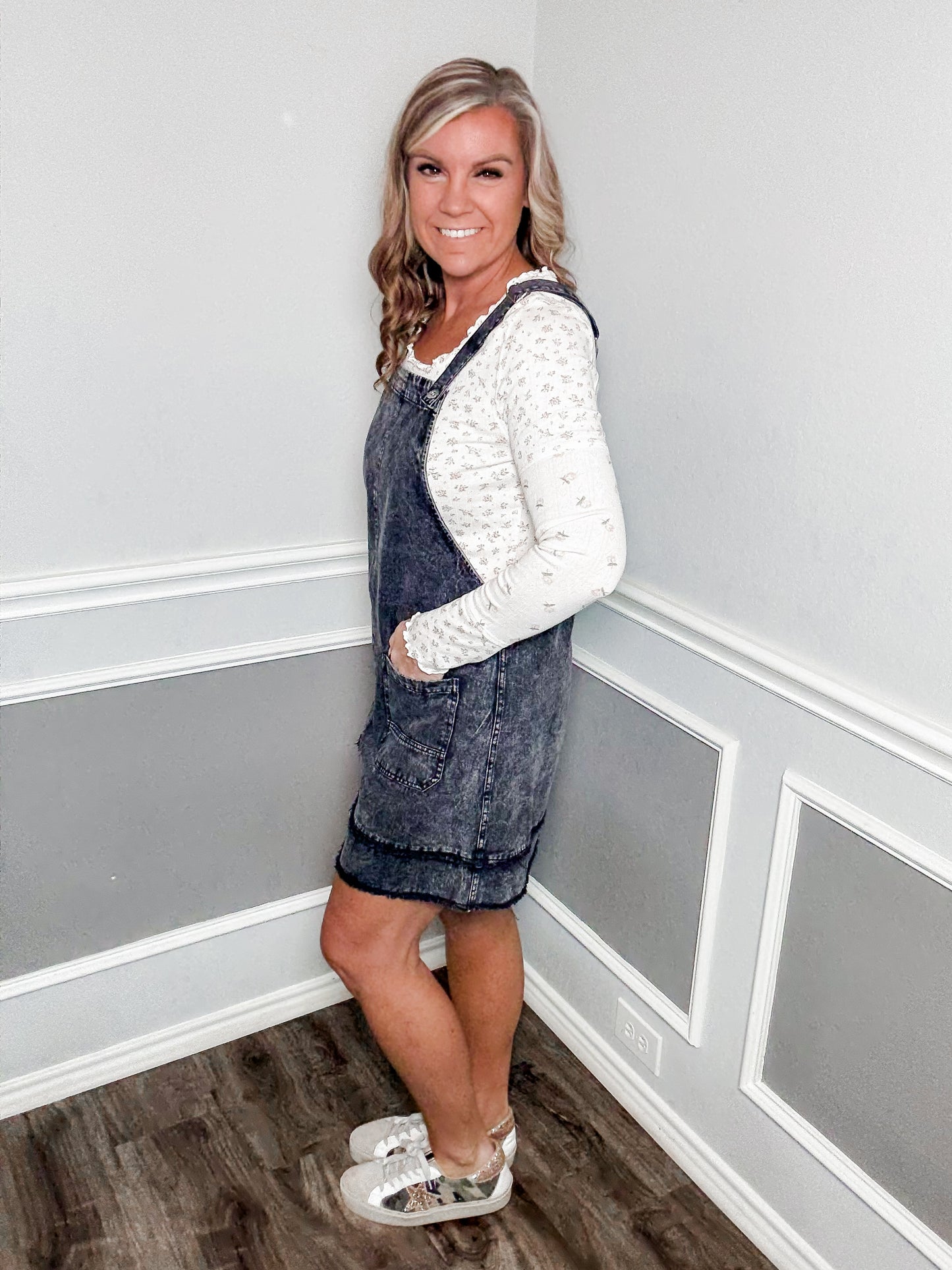 Washed Denim Overall Mini Dress