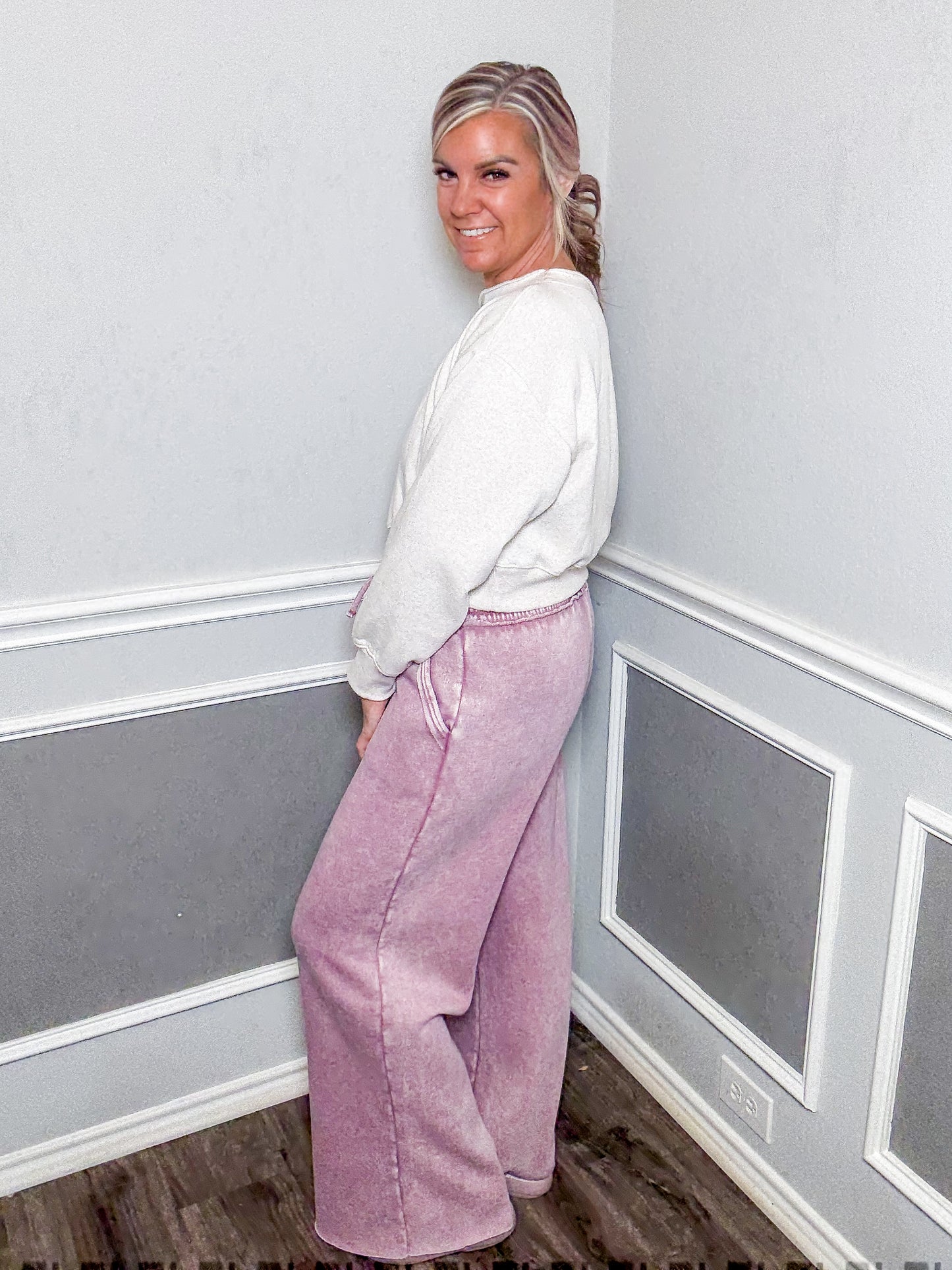 Acid Wash Fleece Palazzo Sweatpants |Light Rose|