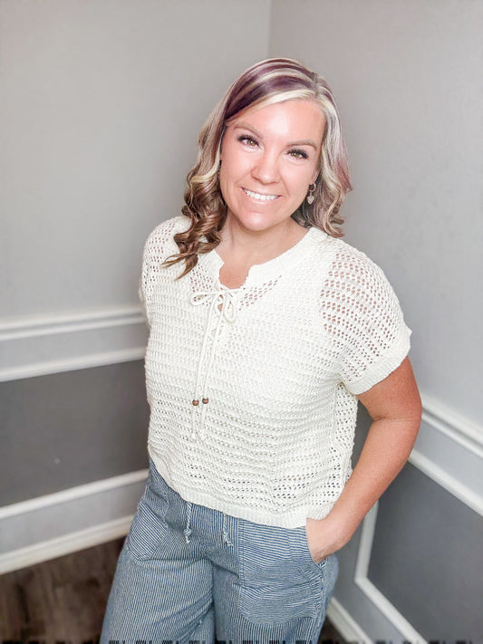 Crochet Lace-Up Knit Pullover Sweater