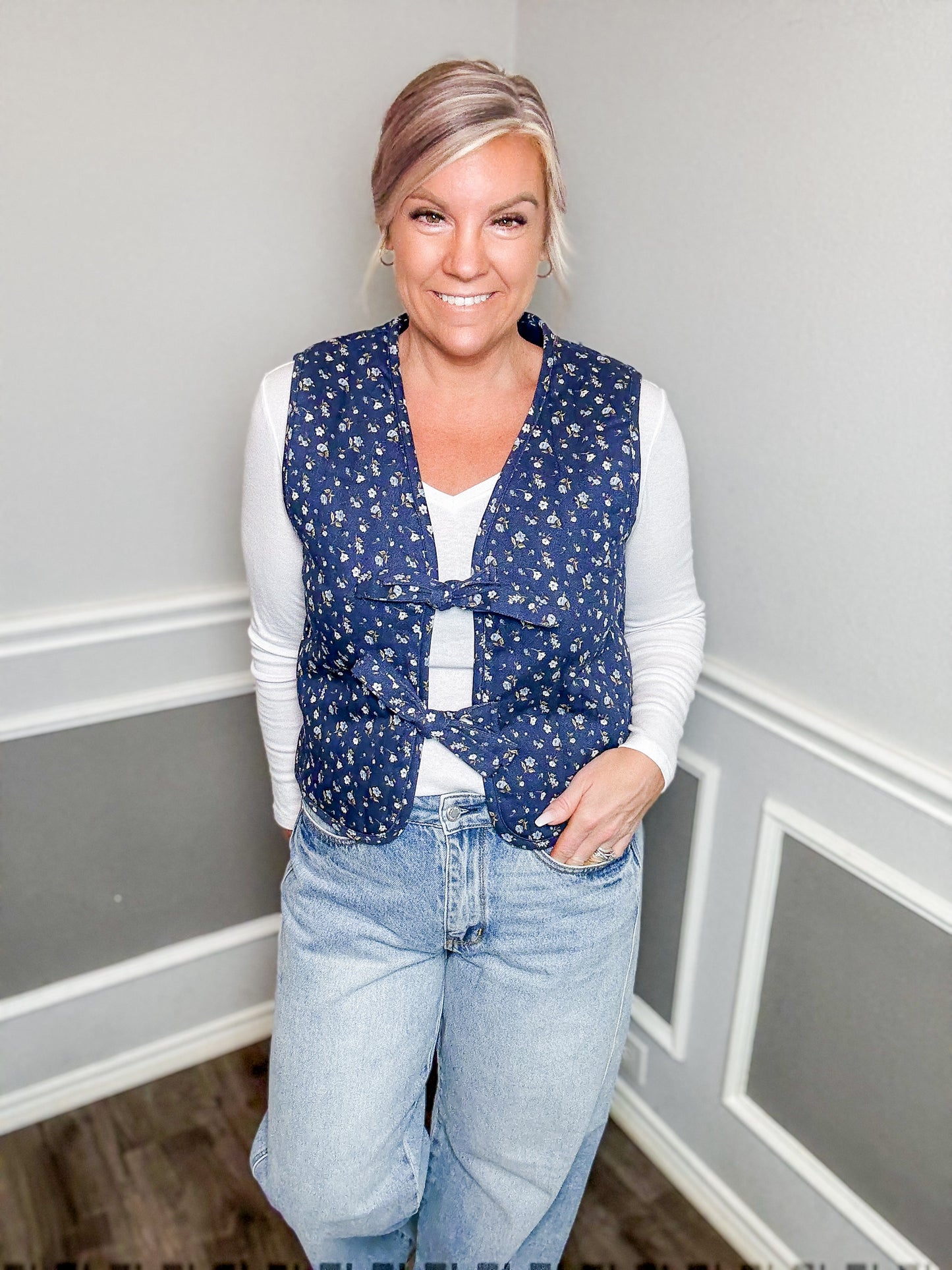 Floral Print Front Tie Quilted Vest