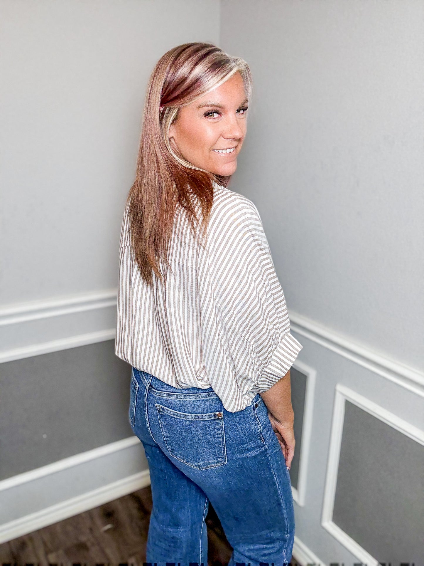 Oversized Striped Short Sleeve Button Up Shirt