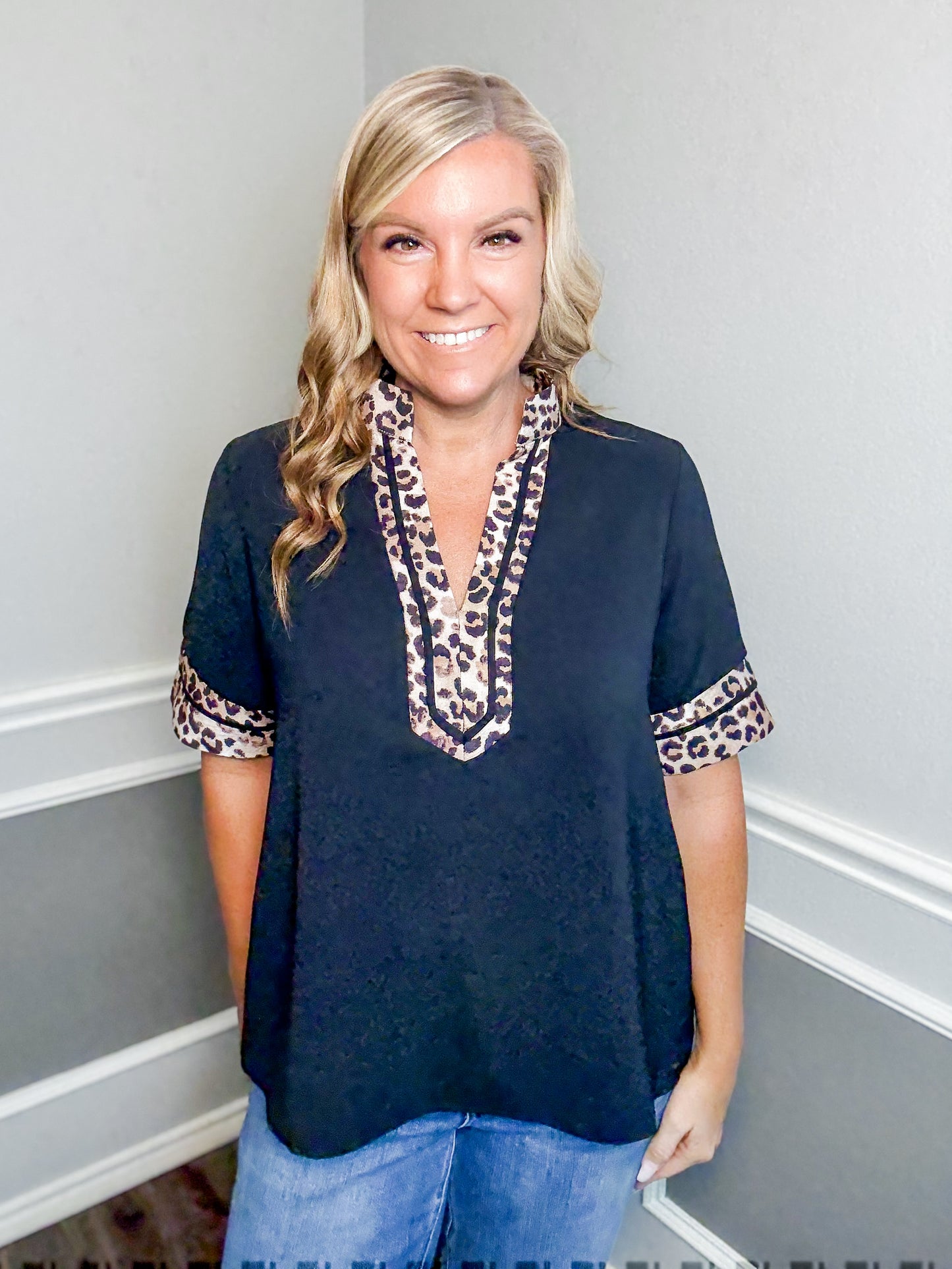 Leopard Trim V-Neck Top