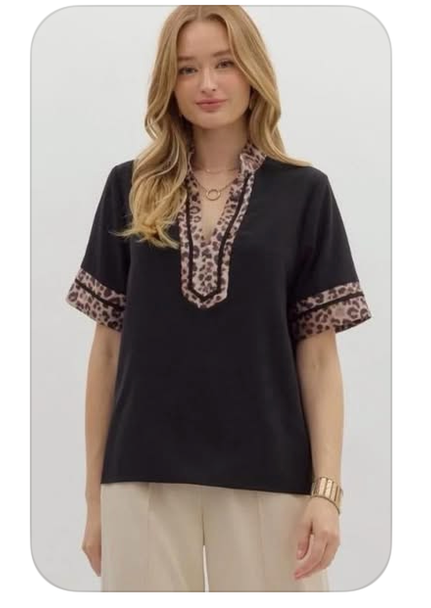 Leopard Trim V-Neck Top