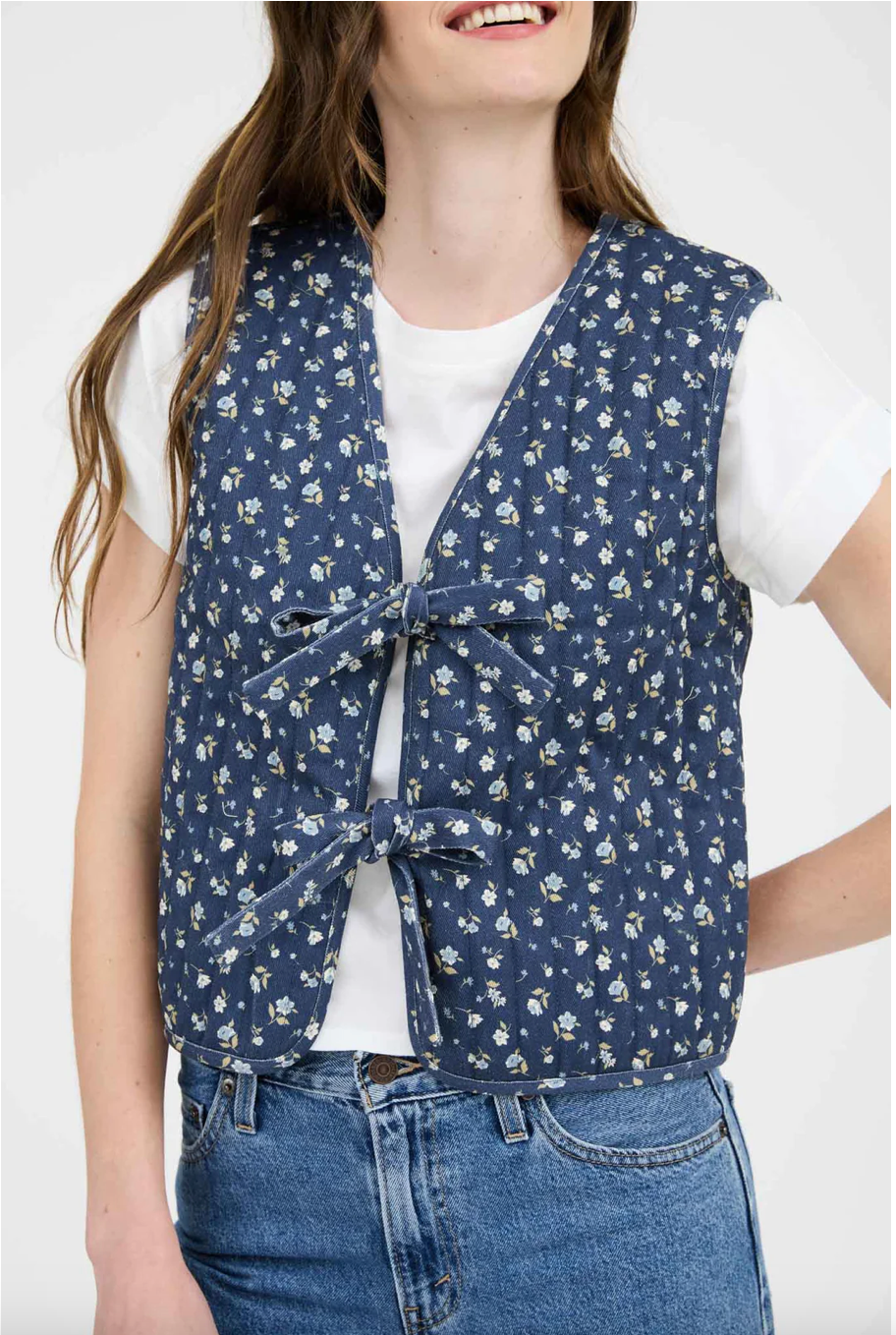 Floral Print Front Tie Quilted Vest