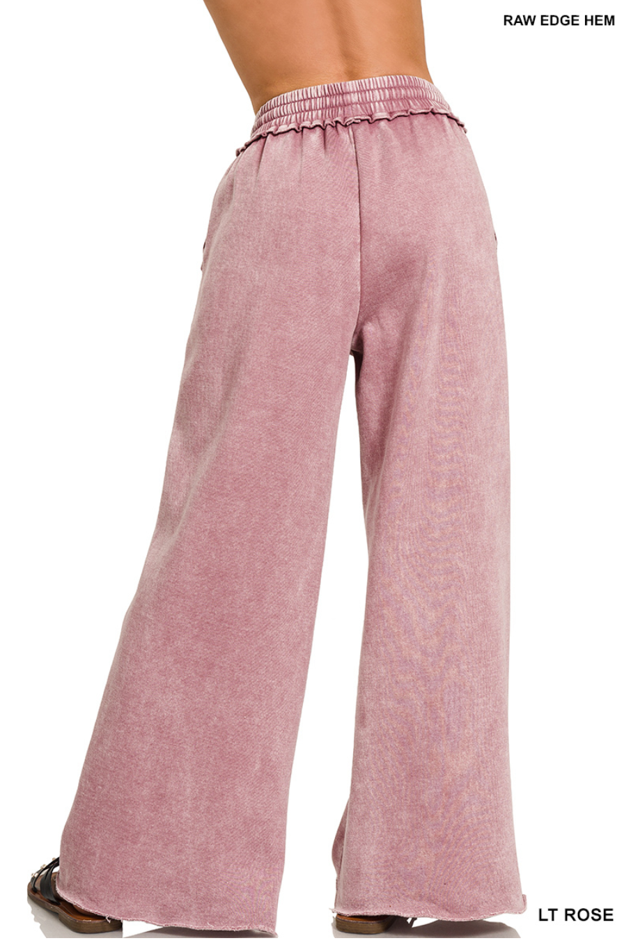 Acid Wash Fleece Palazzo Sweatpants |Light Rose|