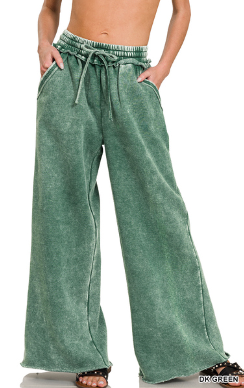 Acid Wash Fleece Palazzo Sweatpants |Dark green|
