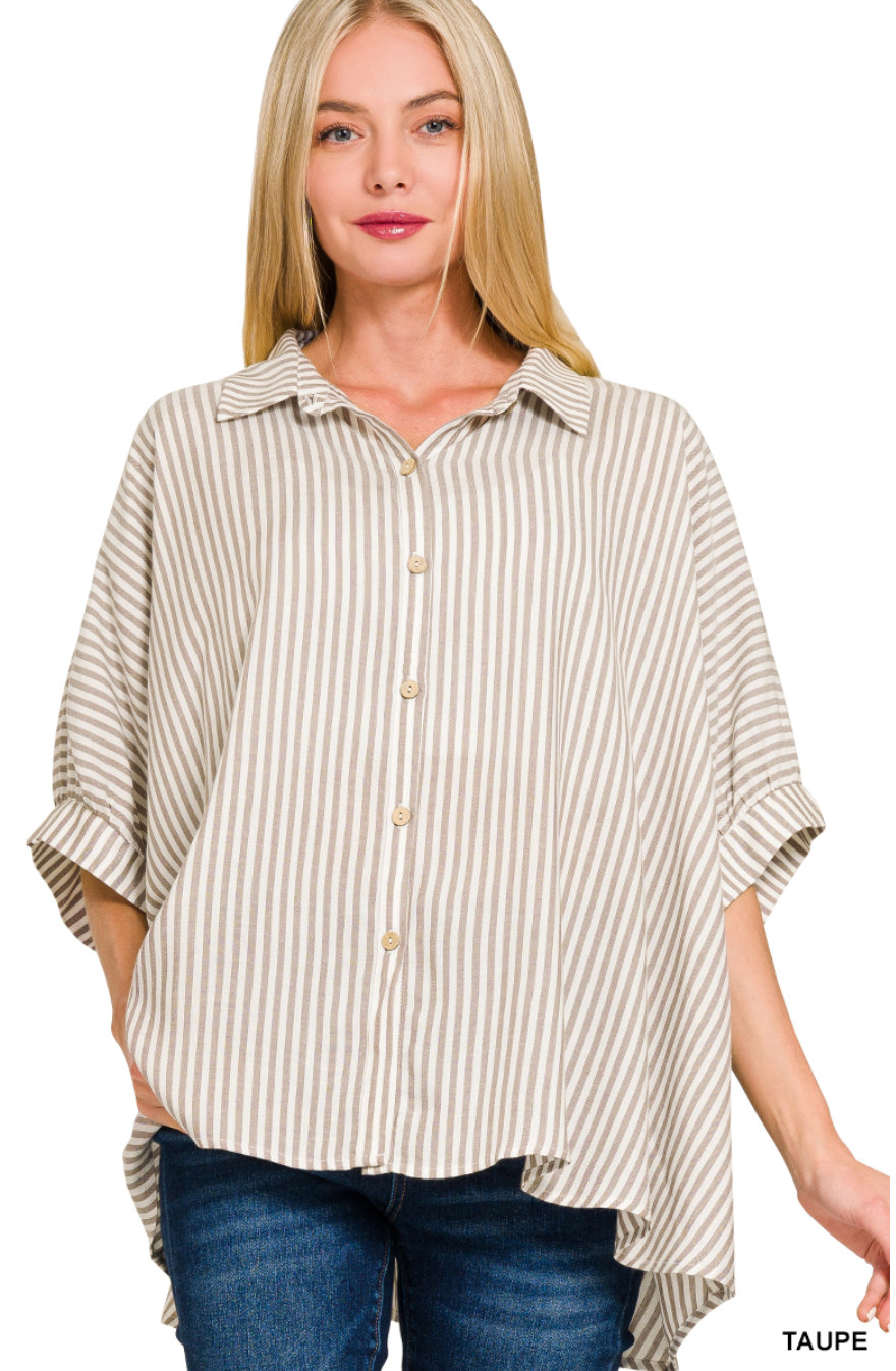 Oversized Striped Short Sleeve Button Up Shirt