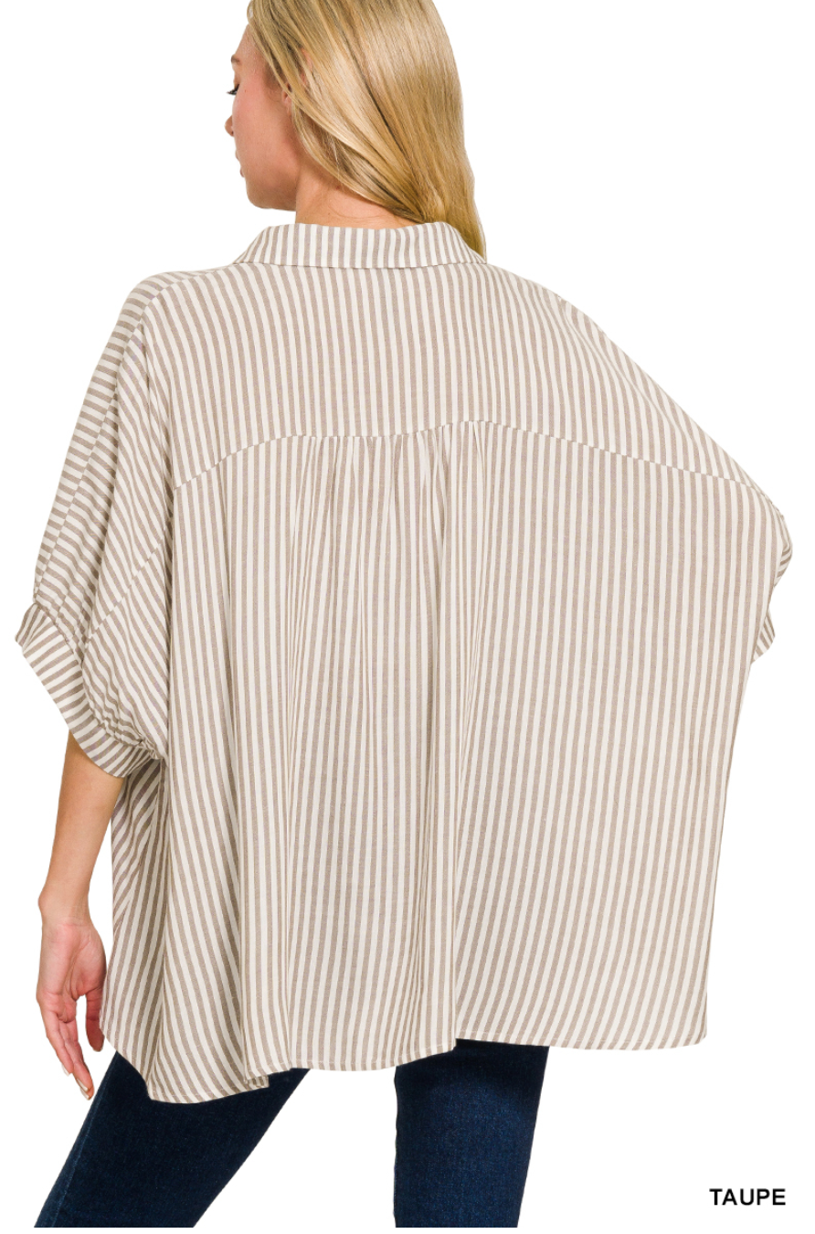 Oversized Striped Short Sleeve Button Up Shirt