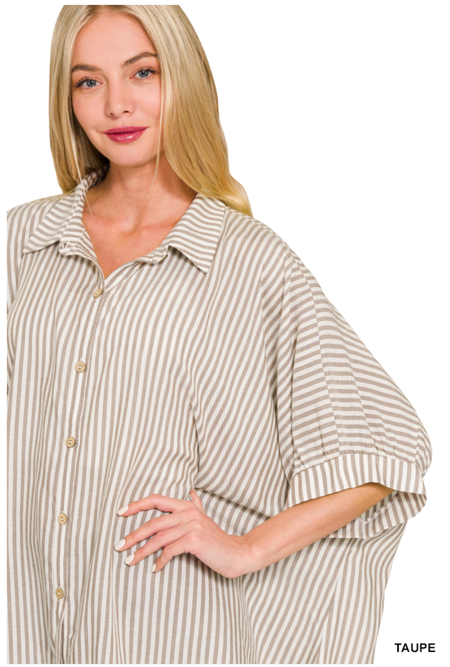 Oversized Striped Short Sleeve Button Up Shirt