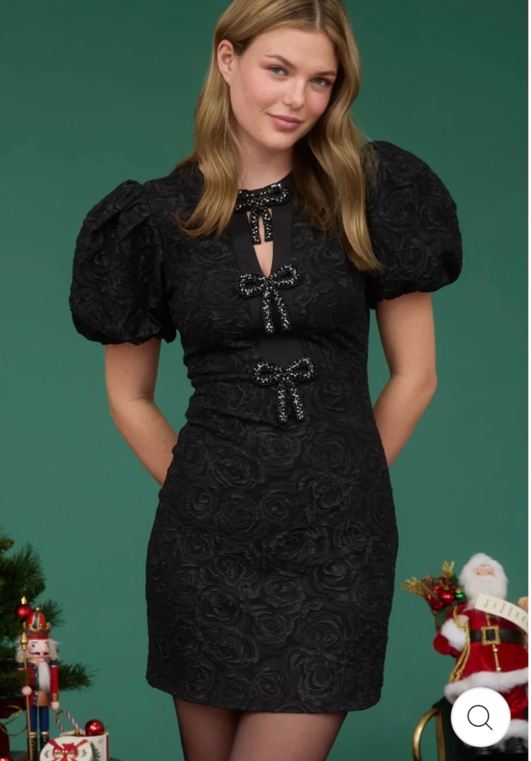 Rose Jacquard Puff Sleeve Bow Detail Mini Dress