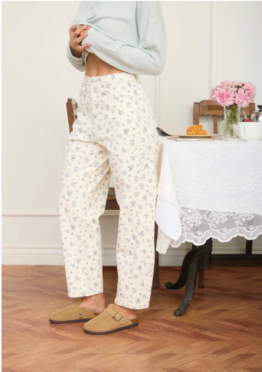 Floral Ecru Denim Straight Leg Jeans