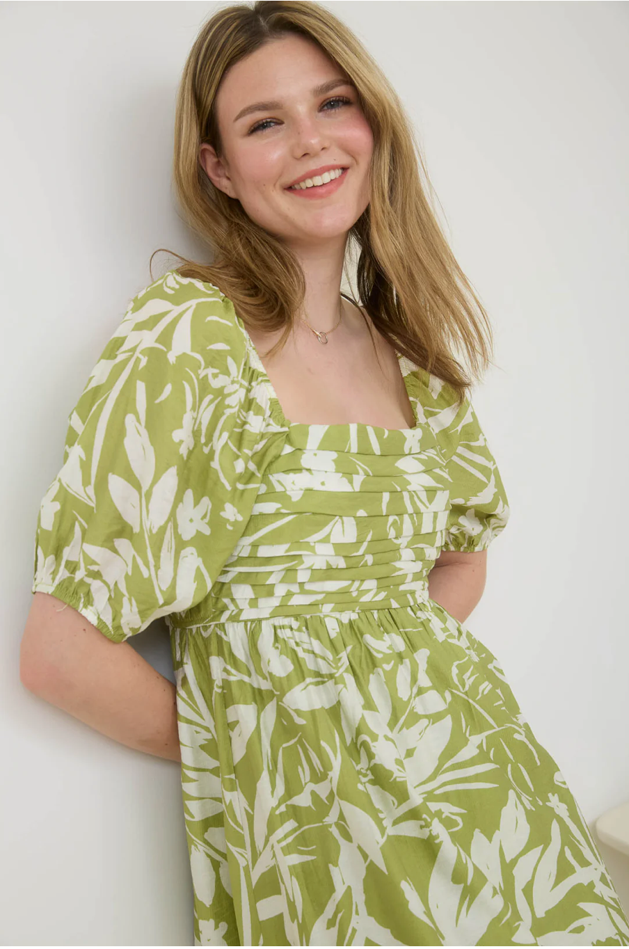 Floral Leaf Print Pleated Puff Sleeve Midi Dress