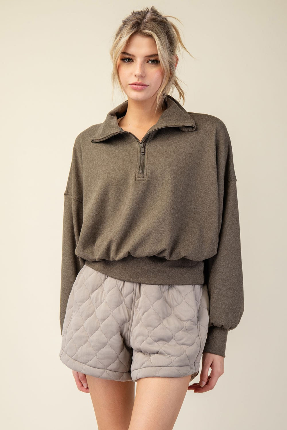 Rib Brushed Quarter Zip Top |Olive|