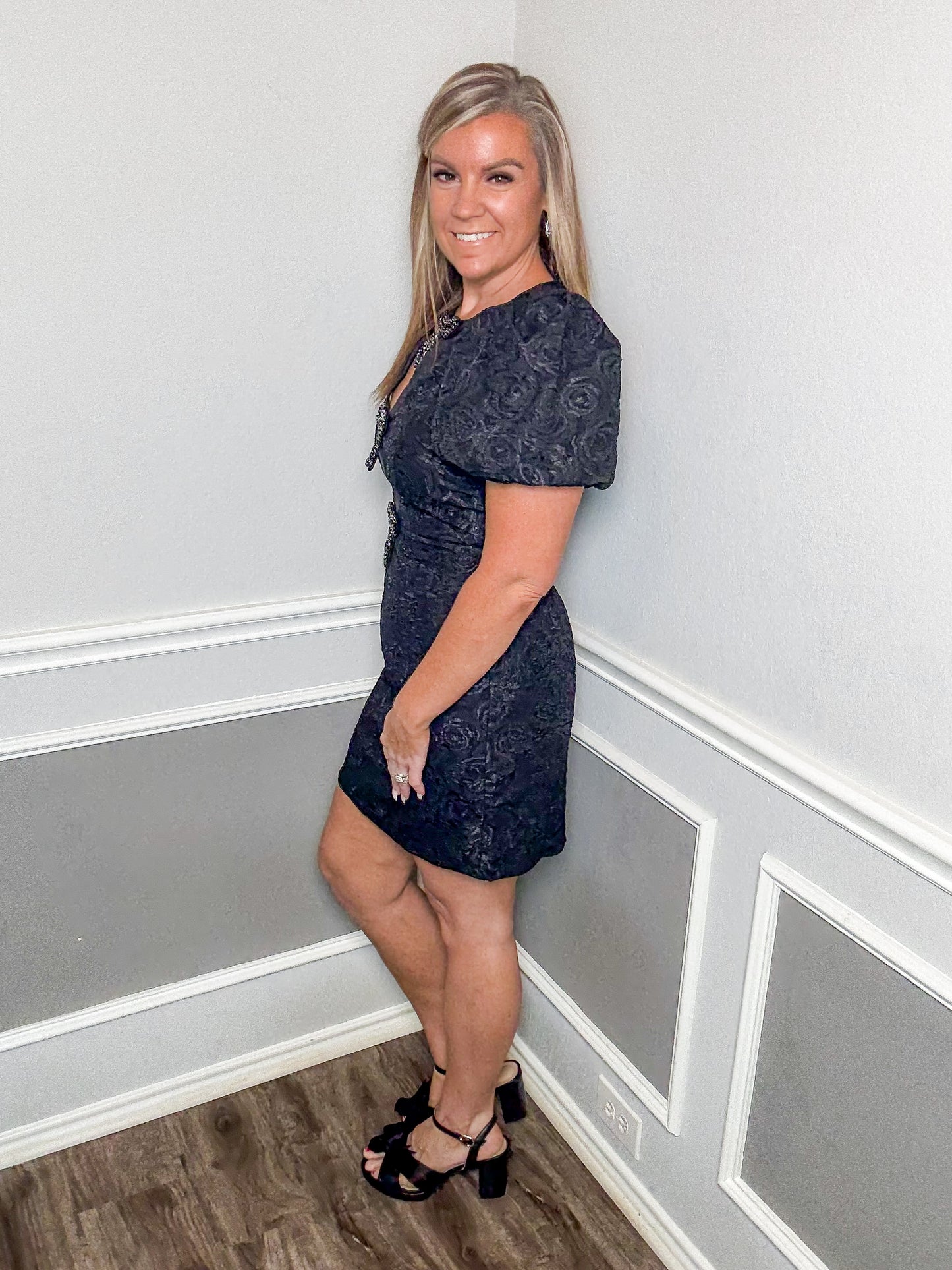 Rose Jacquard Puff Sleeve Bow Detail Mini Dress