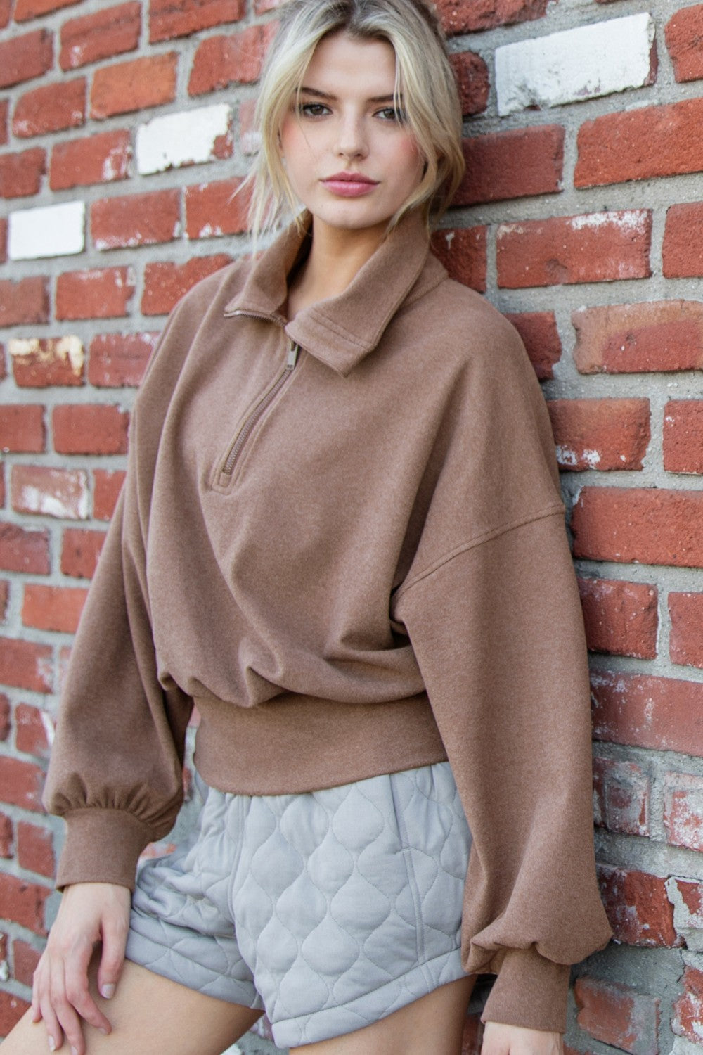 Rib Brushed Quarter Zip Top |Brown|
