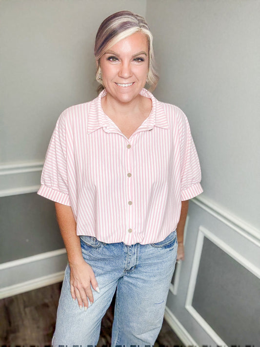 Oversized Striped Short Sleeve Button Up Shirt |PINK|