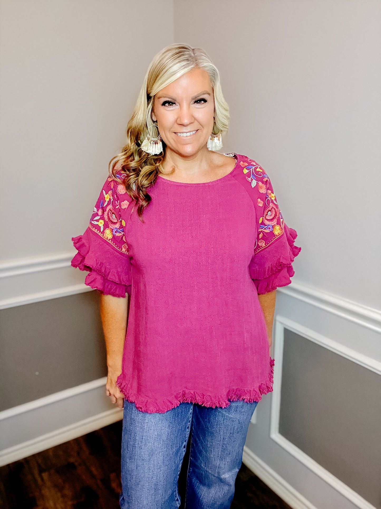 Embroidered Ruffled Linen Top