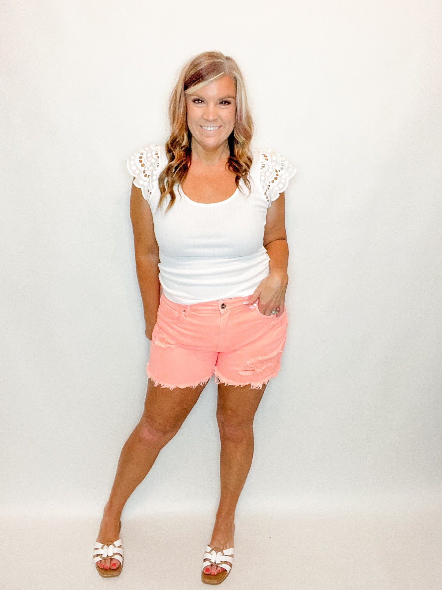 Distressed Denim Shorts |Coral|