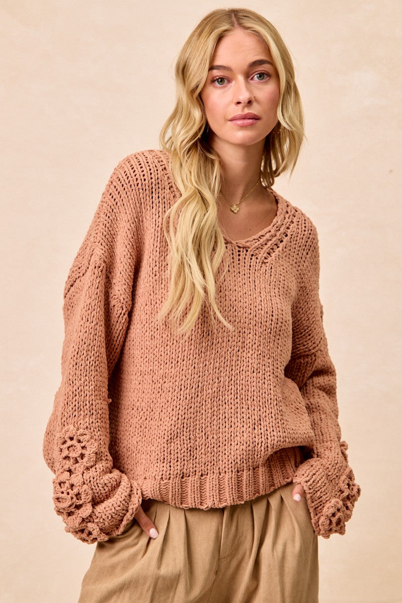 Chunky Knit Sweater Top With Flower Detail Sleeves