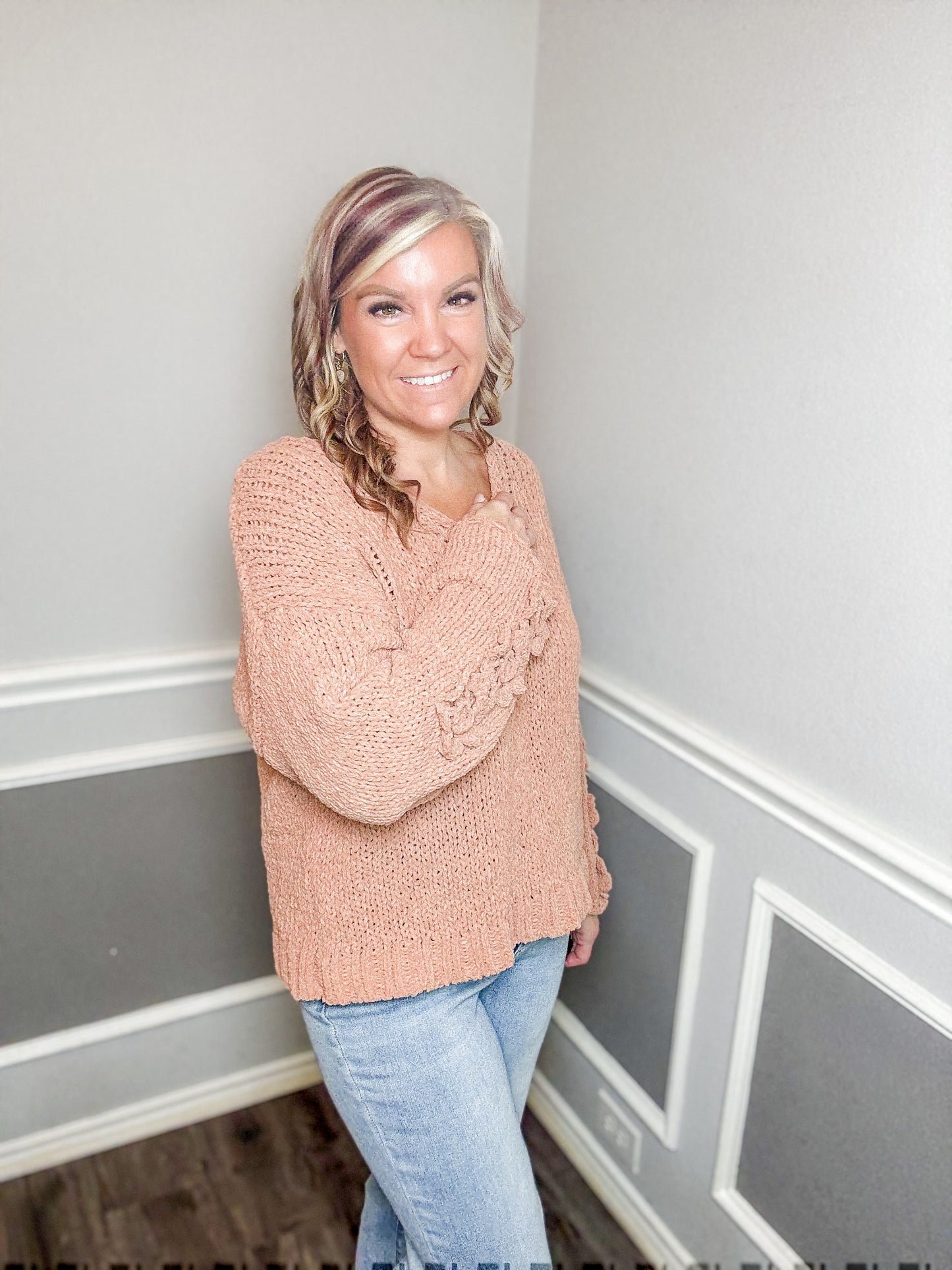Chunky Knit Sweater Top With Flower Detail Sleeves