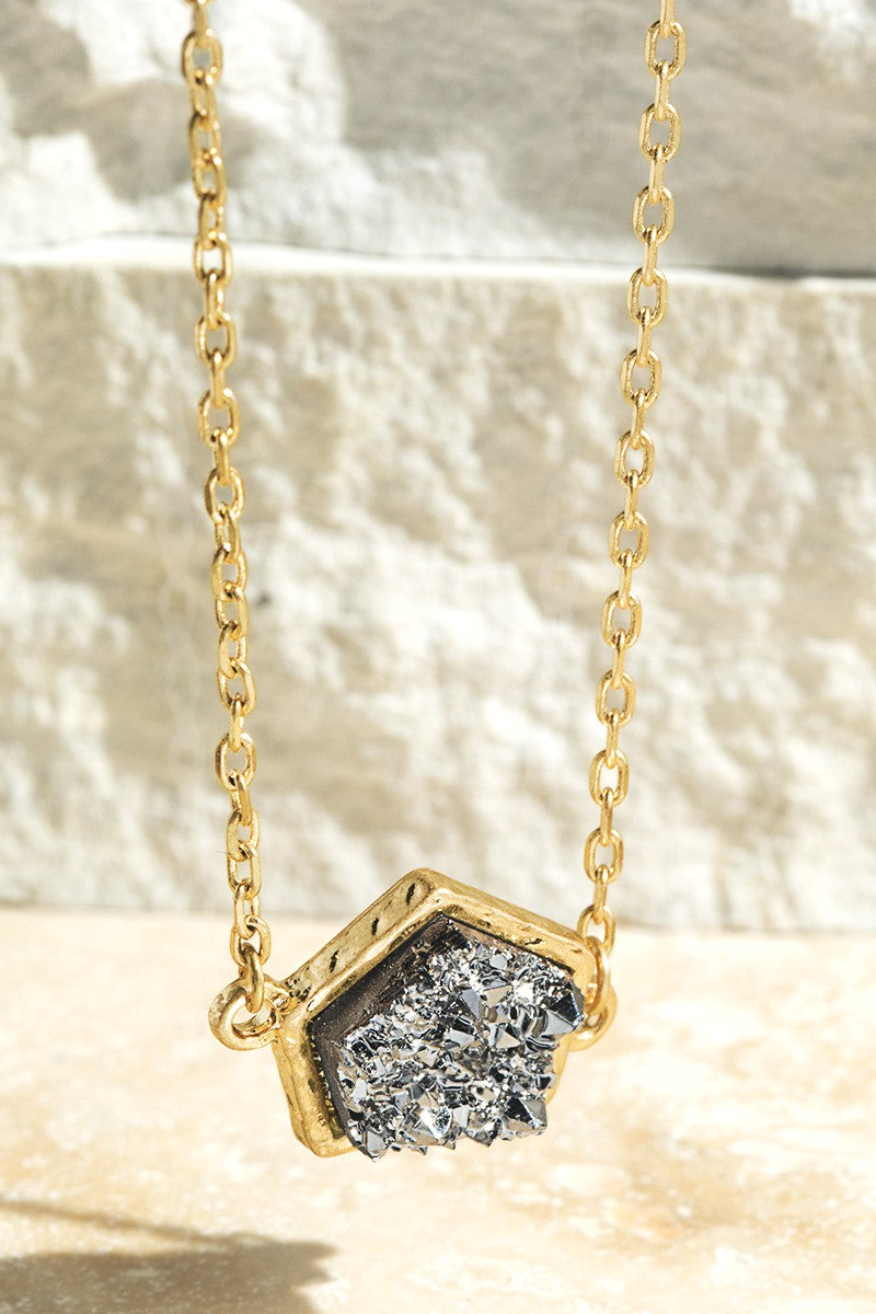 Geometric Faux Druzy Necklace |Hematite|