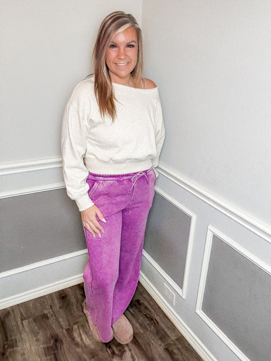 Acid Wash Fleece Palazzo Sweatpants |Light Plum|