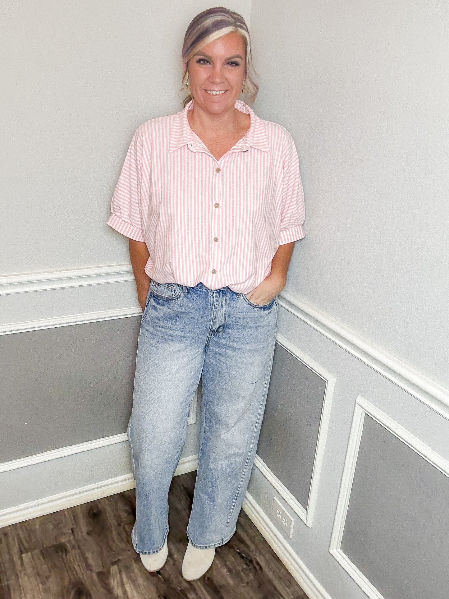 Oversized Striped Short Sleeve Button Up Shirt |PINK|