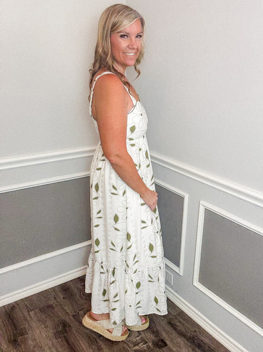 Floral Embroidery Detail Scallop Trim Midi Dress