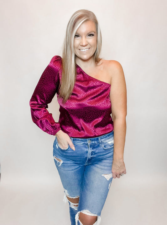 One Shoulder Satin Bodysuit - 1 small left